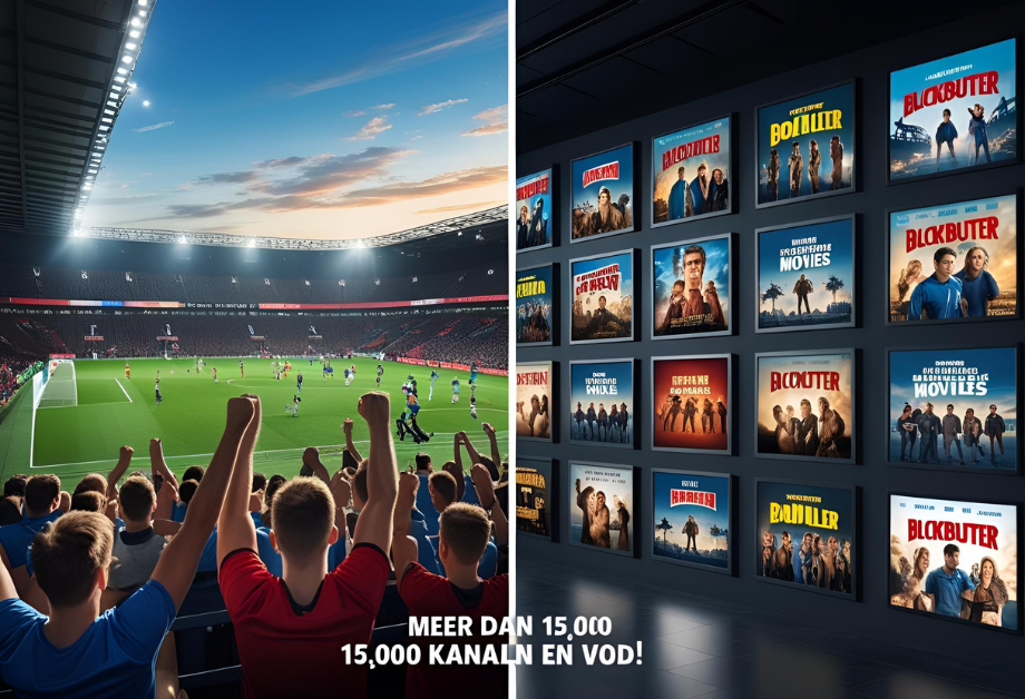 Split image: left side shows live sports (like football match, cheering fans), right side shows blockbuster movies poster wall. Subtle overlay text “Meer dan 15.000 kanalen en VOD” in Dutch.

