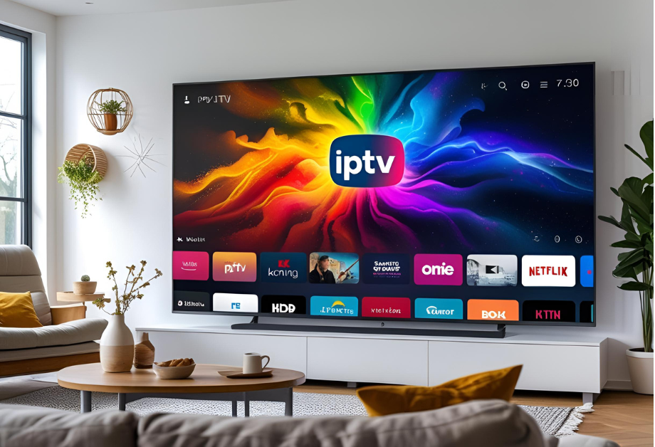 Modern Dutch living room with a large Smart TV showing a vibrant IPTV interface, featuring the IPTV Koning logo on screen, bright and cozy atmosphere, sharp 4K colors. beste iptv 2025