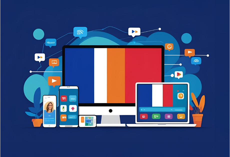 Clean infographic showing IPTV streaming via internet to various devices like Smart TVs, tablets, smartphones, and laptops, with a Dutch flag in the background, modern flat design.