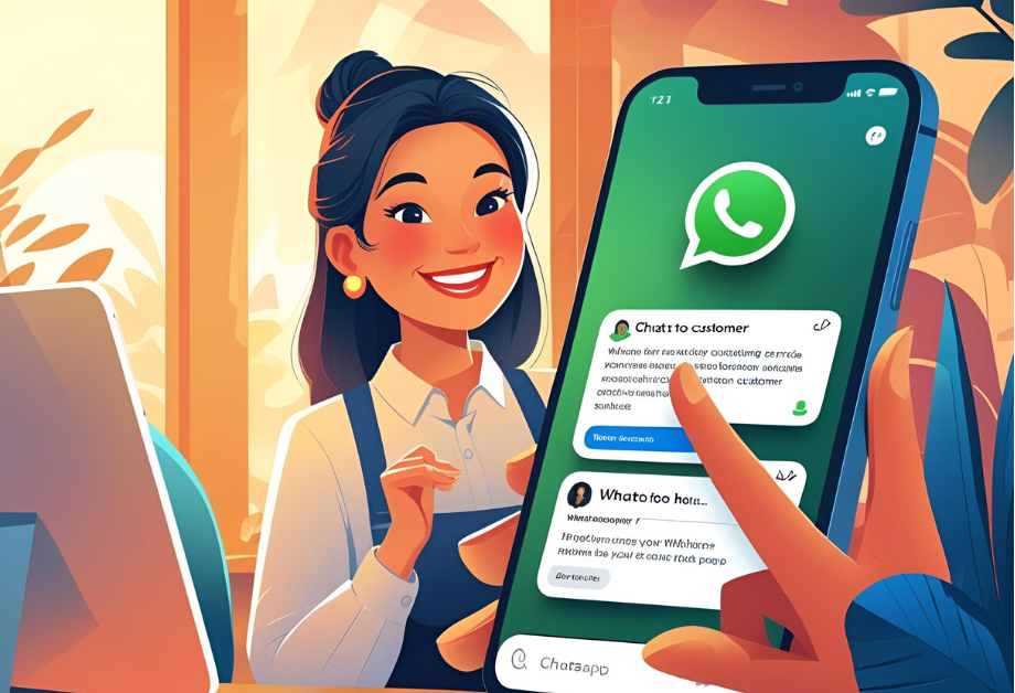 Friendly customer service representative chatting on WhatsApp with a customer, smartphone screen visible showing chat interface, warm colors, inviting atmosphere