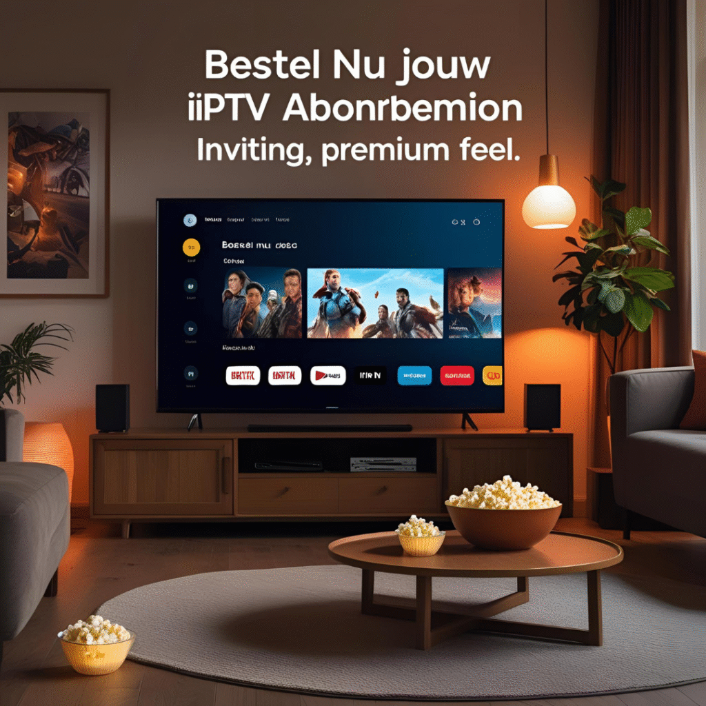 “A cozy modern living room with a large smart TV showing a clear streaming interface, popcorn bowl on a coffee table, warm lighting, text overlay on image: ‘Bestel Nu Jouw IPTV Abonnement’. Inviting, premium feel.”

