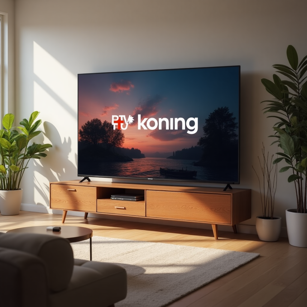 “A modern Dutch living room with a big smart TV on a wooden TV stand, showing an IPTV streaming interface with a clear IPTV Koning logo, cozy atmosphere with a couch and plants, bright daylight, clean and premium look, wide banner style.”

